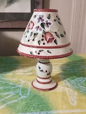 Hand-Painted Floral Ceramic Table Lamp - Cream & Red Like New. Candle Holder.